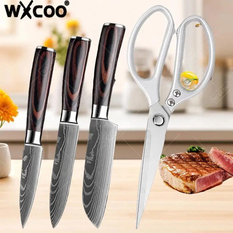 Japanese Santoku Knife Set with Kitchen Scissors