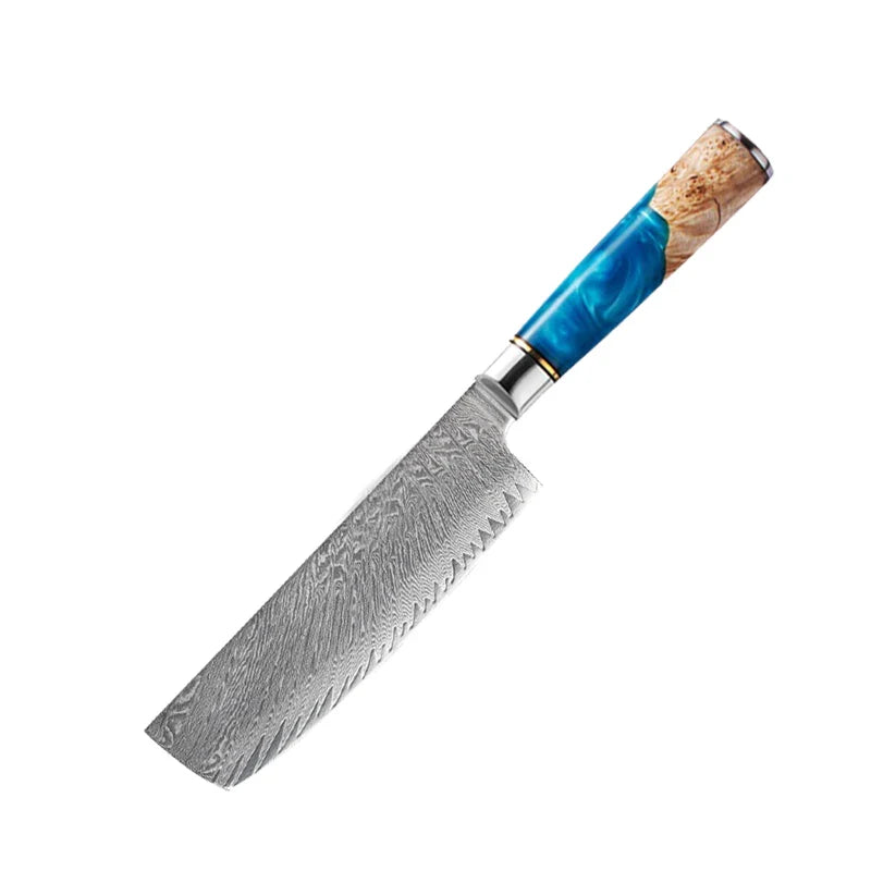 Damascus Steel Knife – Blue Resin Handle