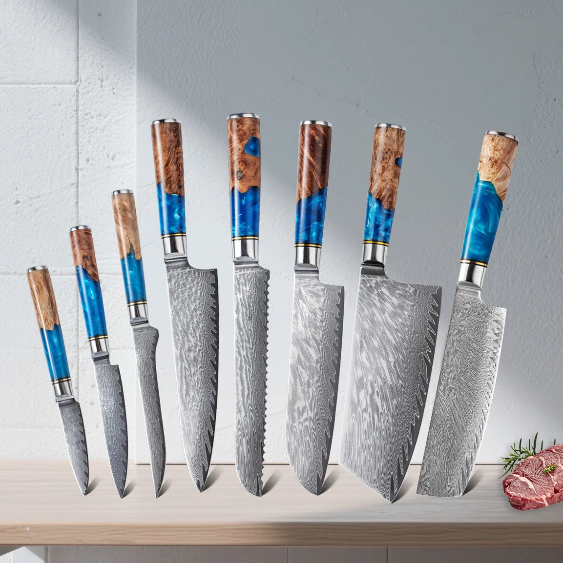 Damascus Steel Knife – Blue Resin Handle