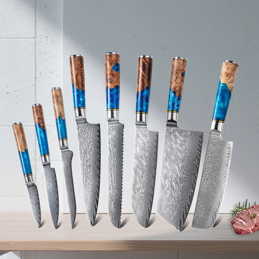 Damascus Steel Knife – Blue Resin Handle