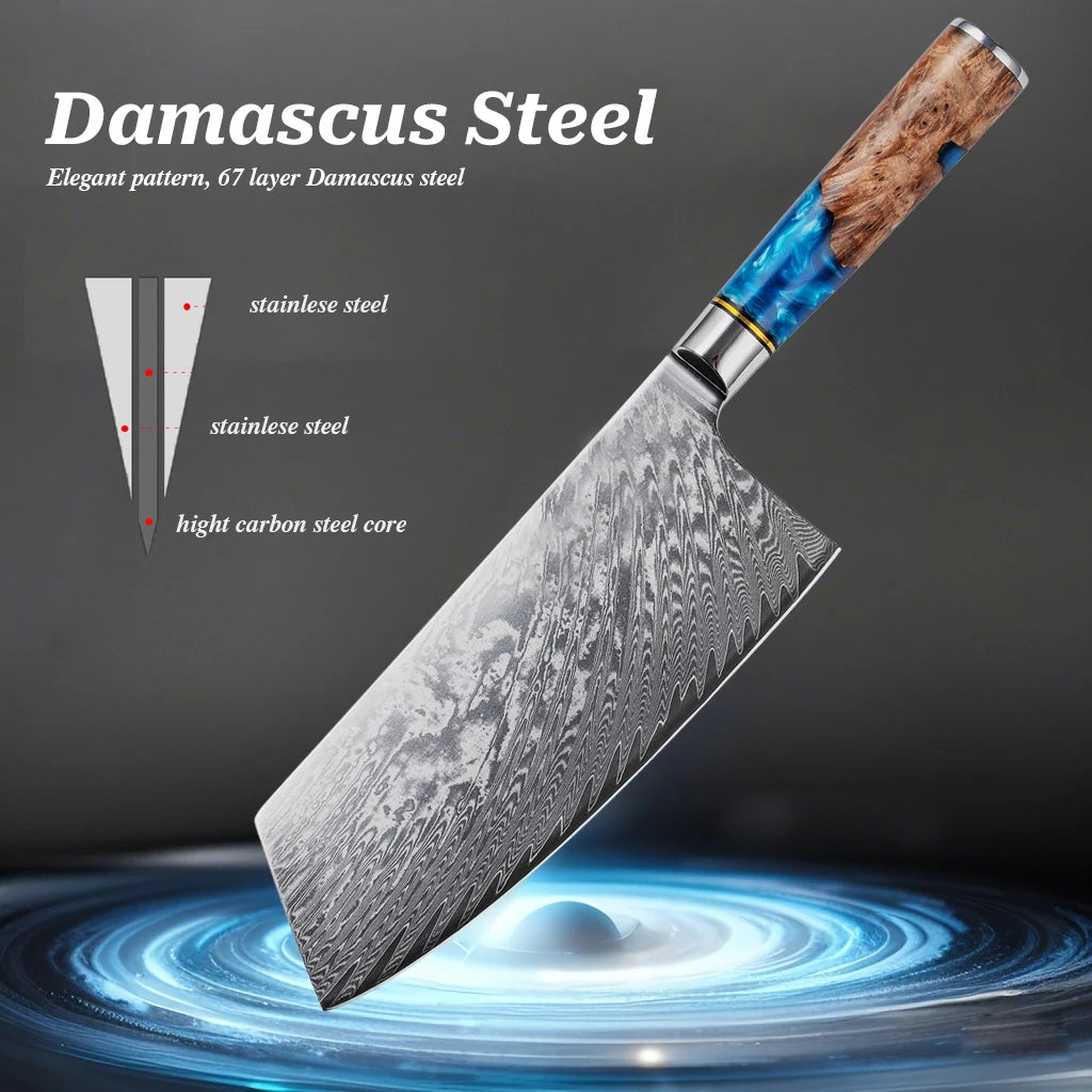 Damascus Steel Knife – Blue Resin Handle